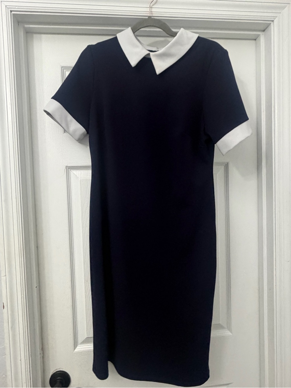 Classic Navy Shift Dress with White Collar stretchy abs full zipper